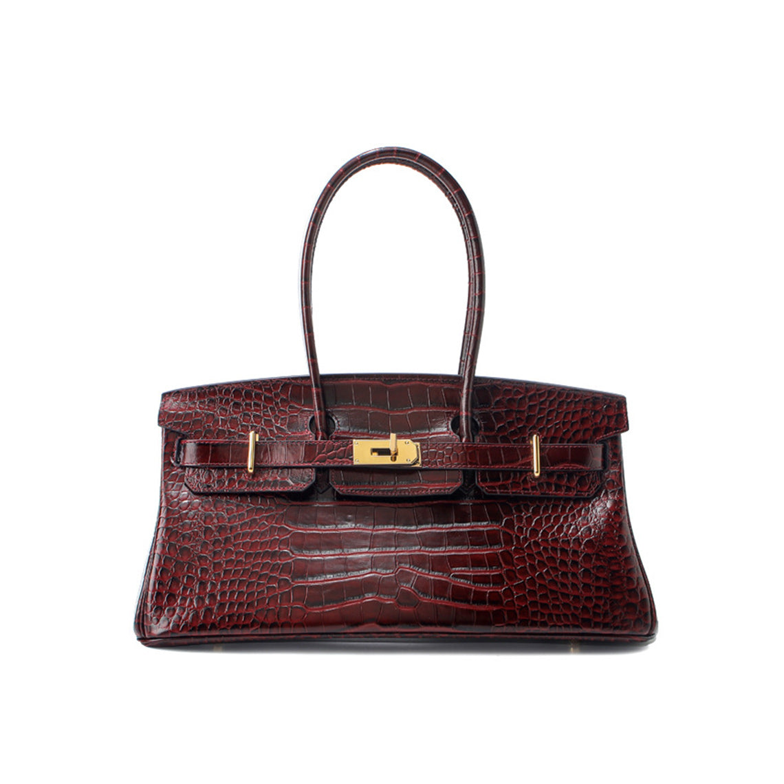 A structured dark burgundy croc embossed bag with gold-tone hardware, shown against a plain white background.
