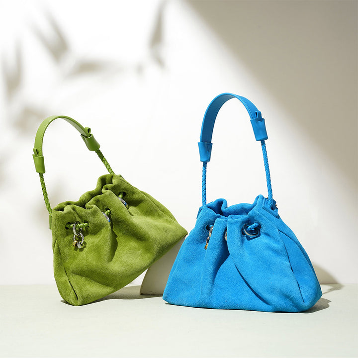 Suede Leather Shoulder Bag in Green & Blue Color