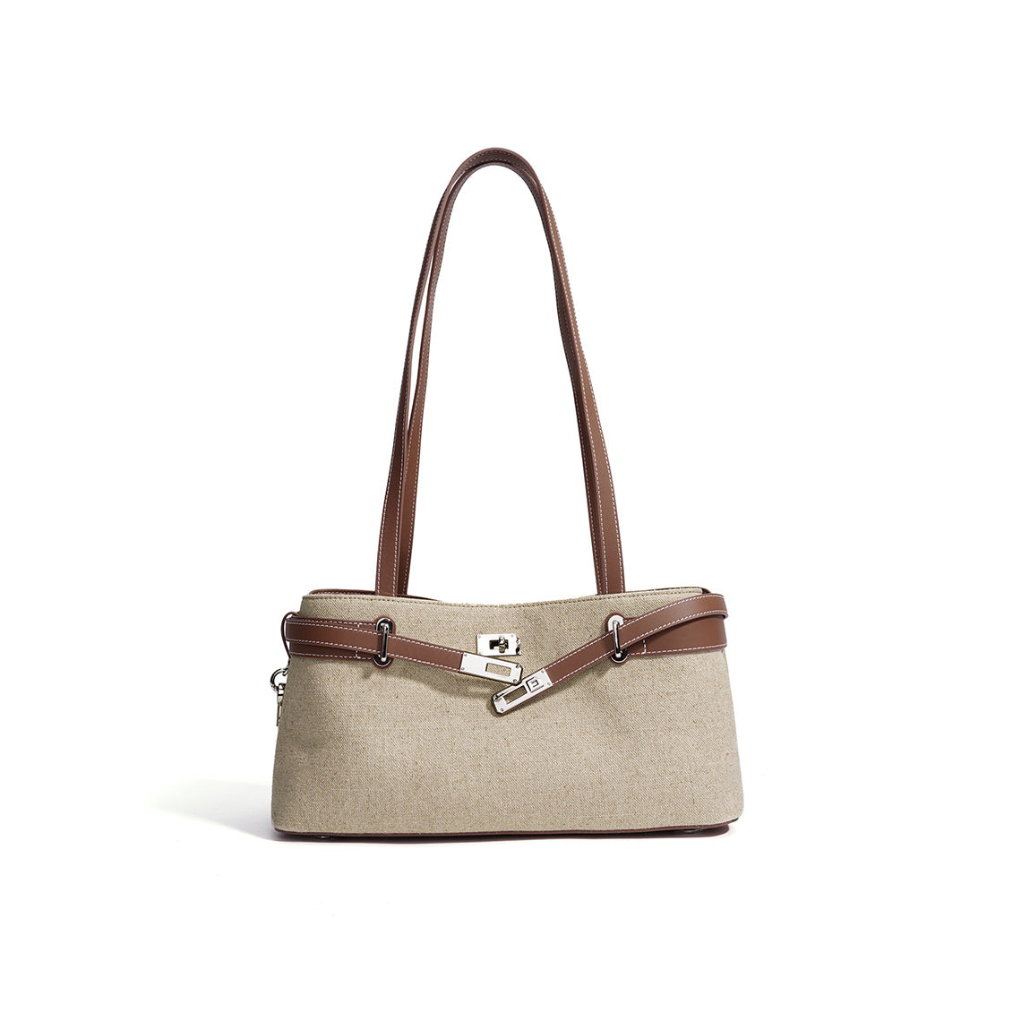 Beige linen bag with brown leather straps on a white background