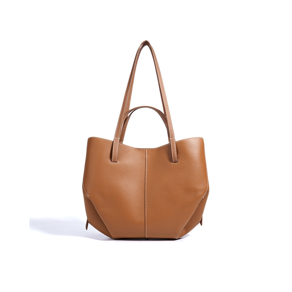 Brown leather tote bag on a white background