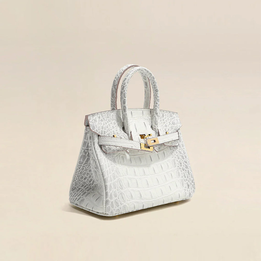 White Leather Handbag | Crocodile Print Leather Bag for Women