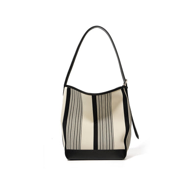 Canvas Leather Striped Bucket Tote Bag