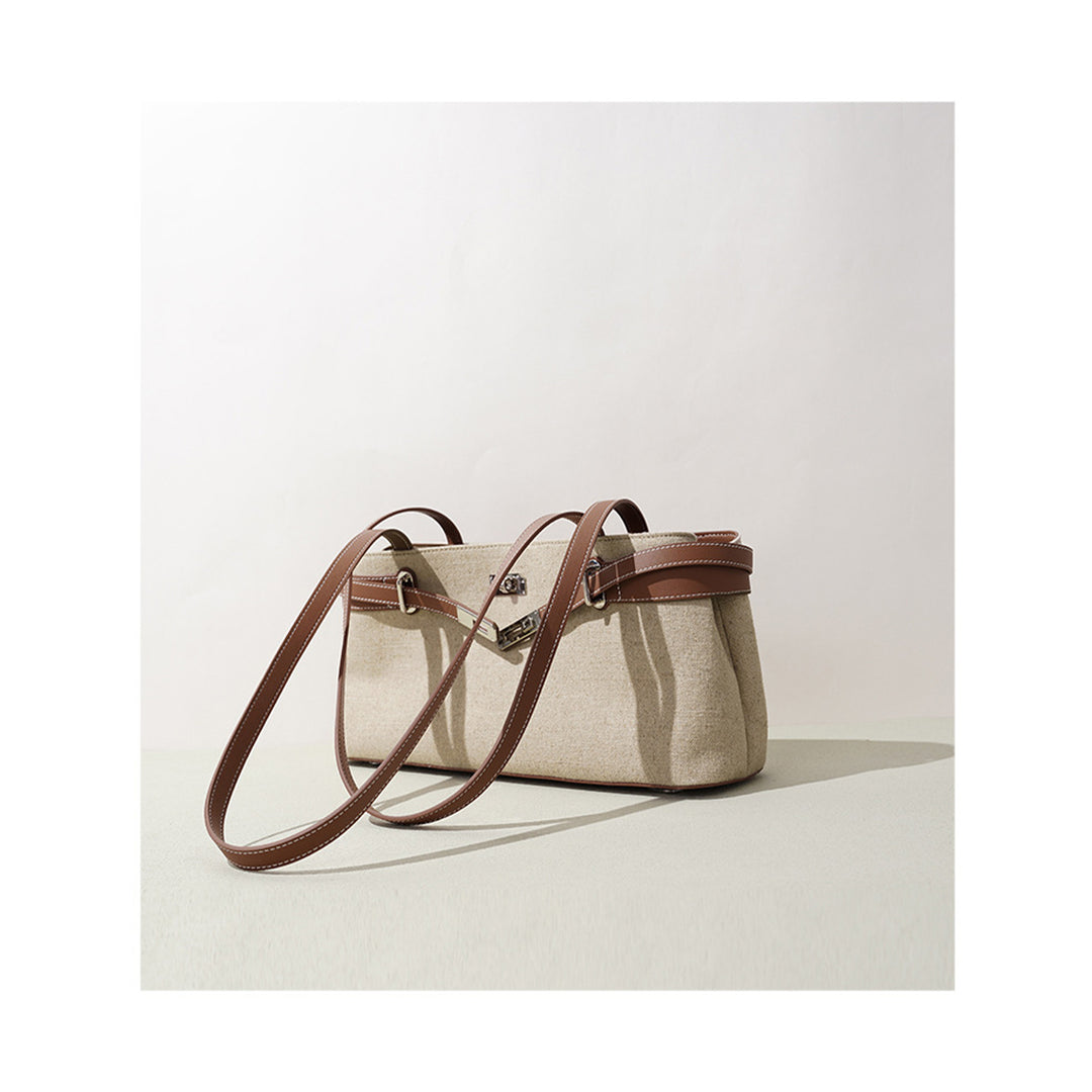 Vegetable Tanned Leather Linen Shoulder Bag