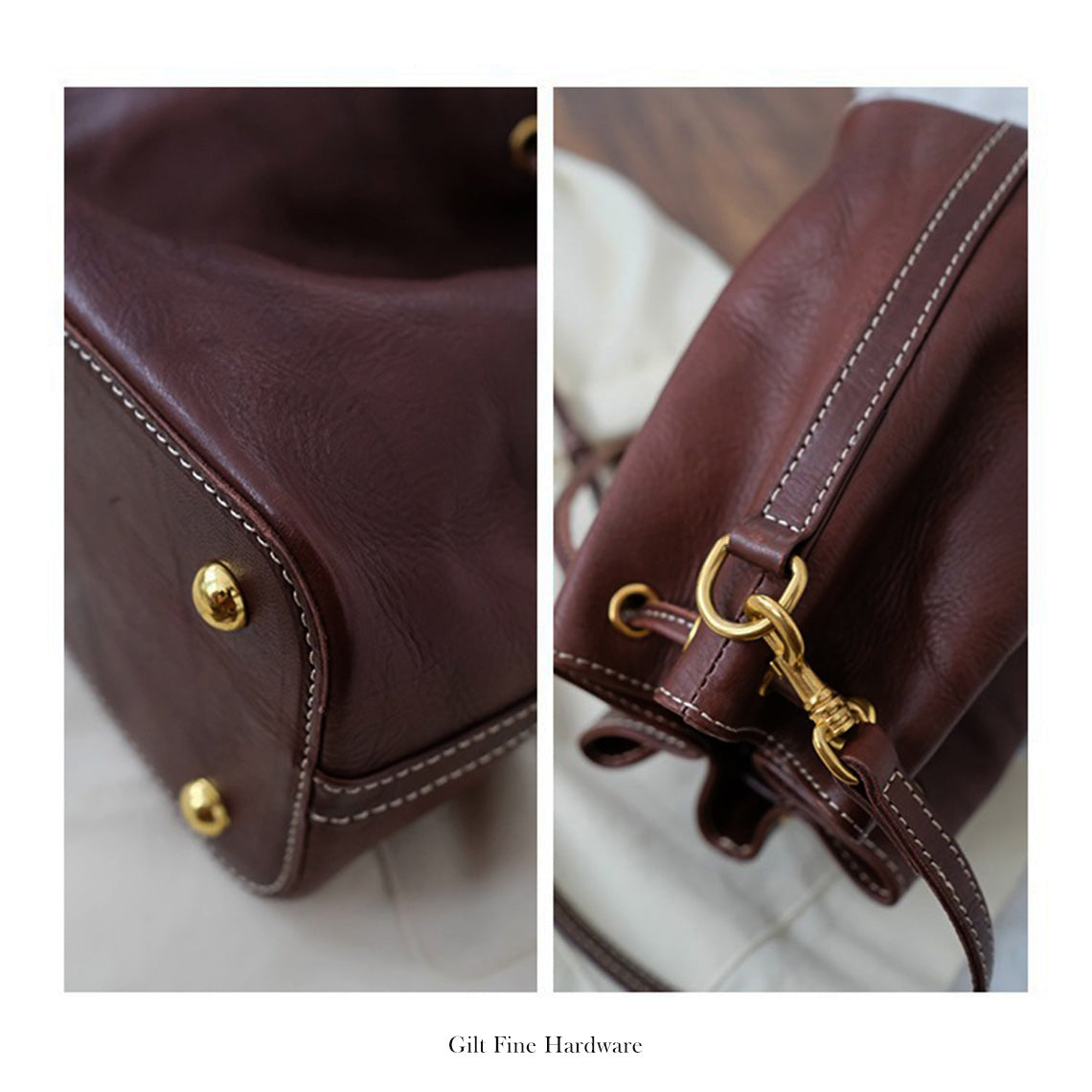 Full Grain Leather Small Bucket Bag Details - POPSEWING®