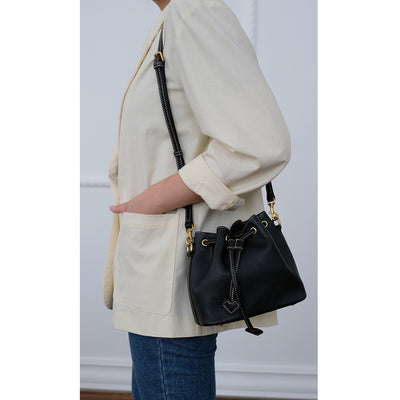 Full Grain Leather Small Bucket Shoulder Bag Black - POPSEWING®