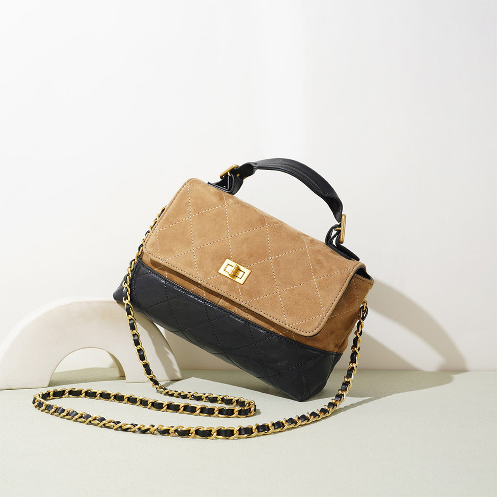 Suede crossbody bag | quilted bag with gold chain