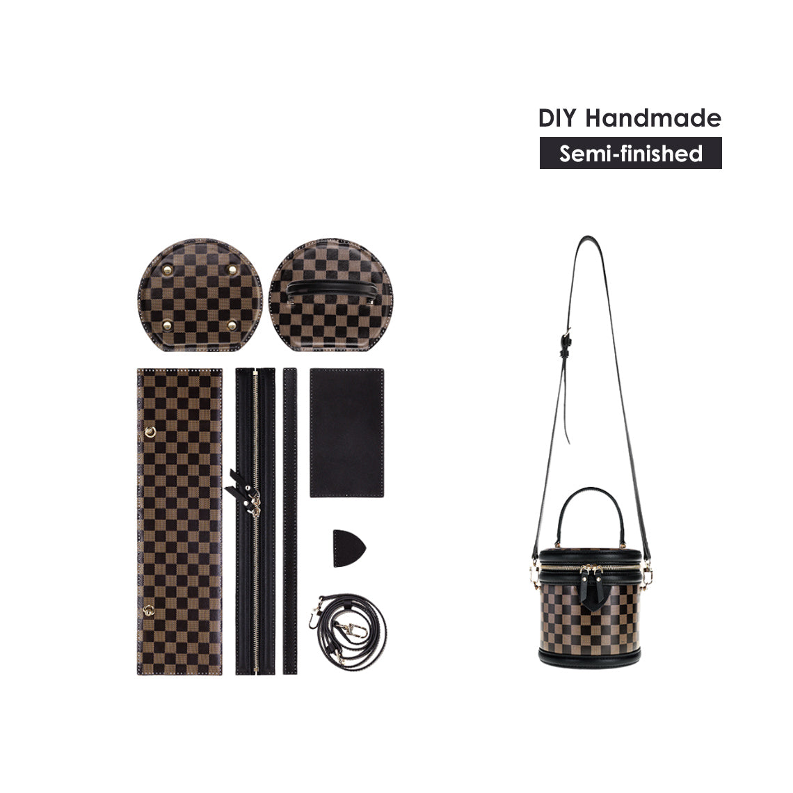 Black Checker Round Bag DIY Kits | Leather Bag Sewing - POPSEWING®
