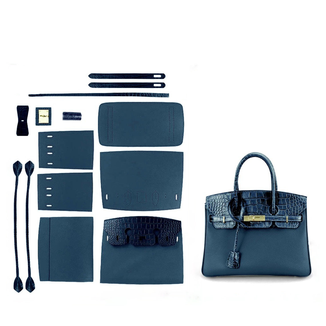 Blue Leather Handbag DIY Kit | Leather Bag Making Patterns Sewing Project - POPSEWING®