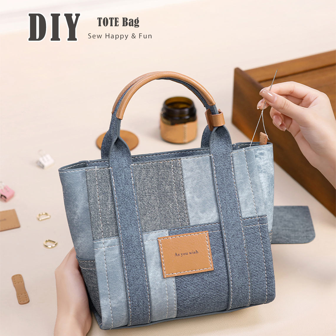 Denim Tote Bag Leather DIY Kit | Sewing Bag Patterns – POPSEWING®