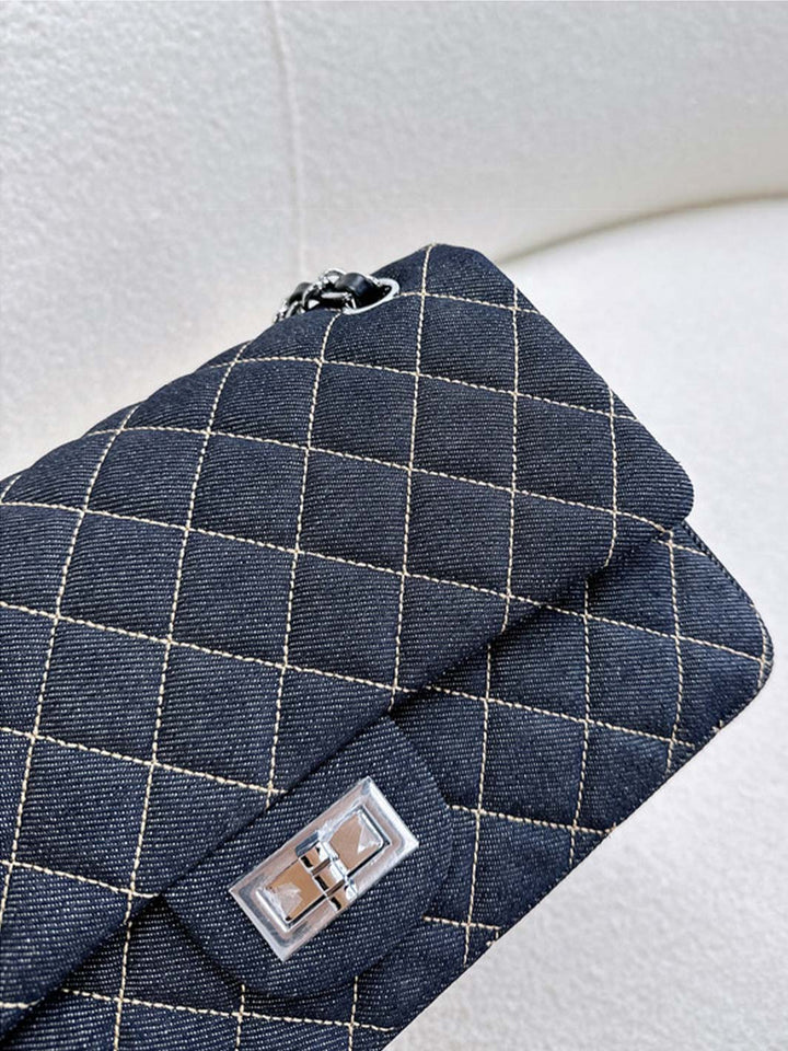 Quilted Denim Fold Chain Bag