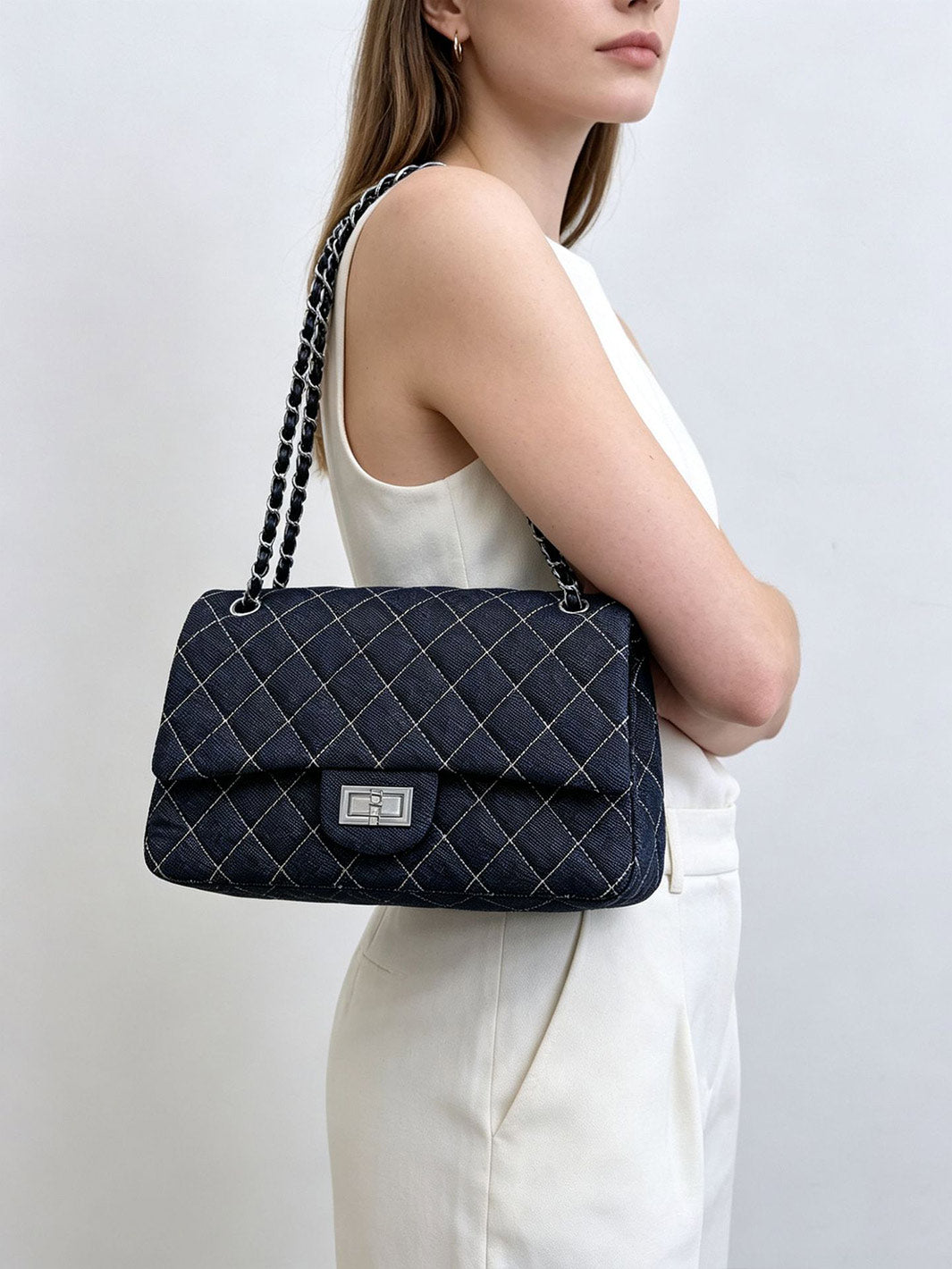 Quilted Denim Fold Chain Bag