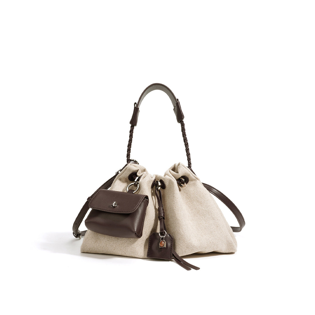 Canvas Leather Women Drawstring Bag
