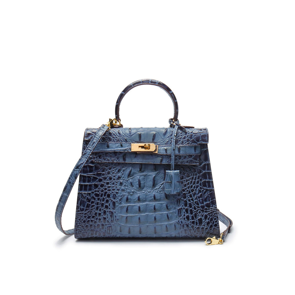 Crocodile Embossed Leather Kelly Bag Blue | Inspired Designer Bags