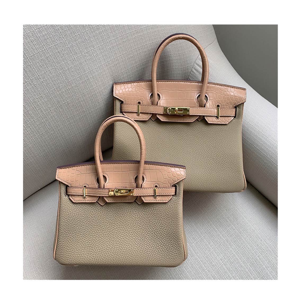 Beige Leather Luxury Handbag with Crocodile Flap | Birkin Size 25 and 30