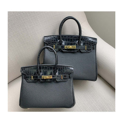 Black Leather Luxury Handbag with Crocodile Flap | Birkin Size 25 and 30