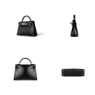 Black Mini Kelly Bag with Silver Hardware | Black Leather Top Handle Bag