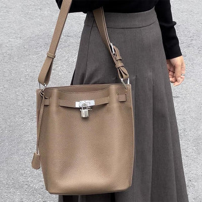 Women Leather Bucket Bag in Taupe - POPSEWING®