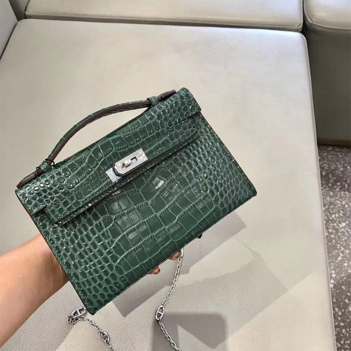 Crocodile Embossed Leather Inspired Kelly Clutch Green