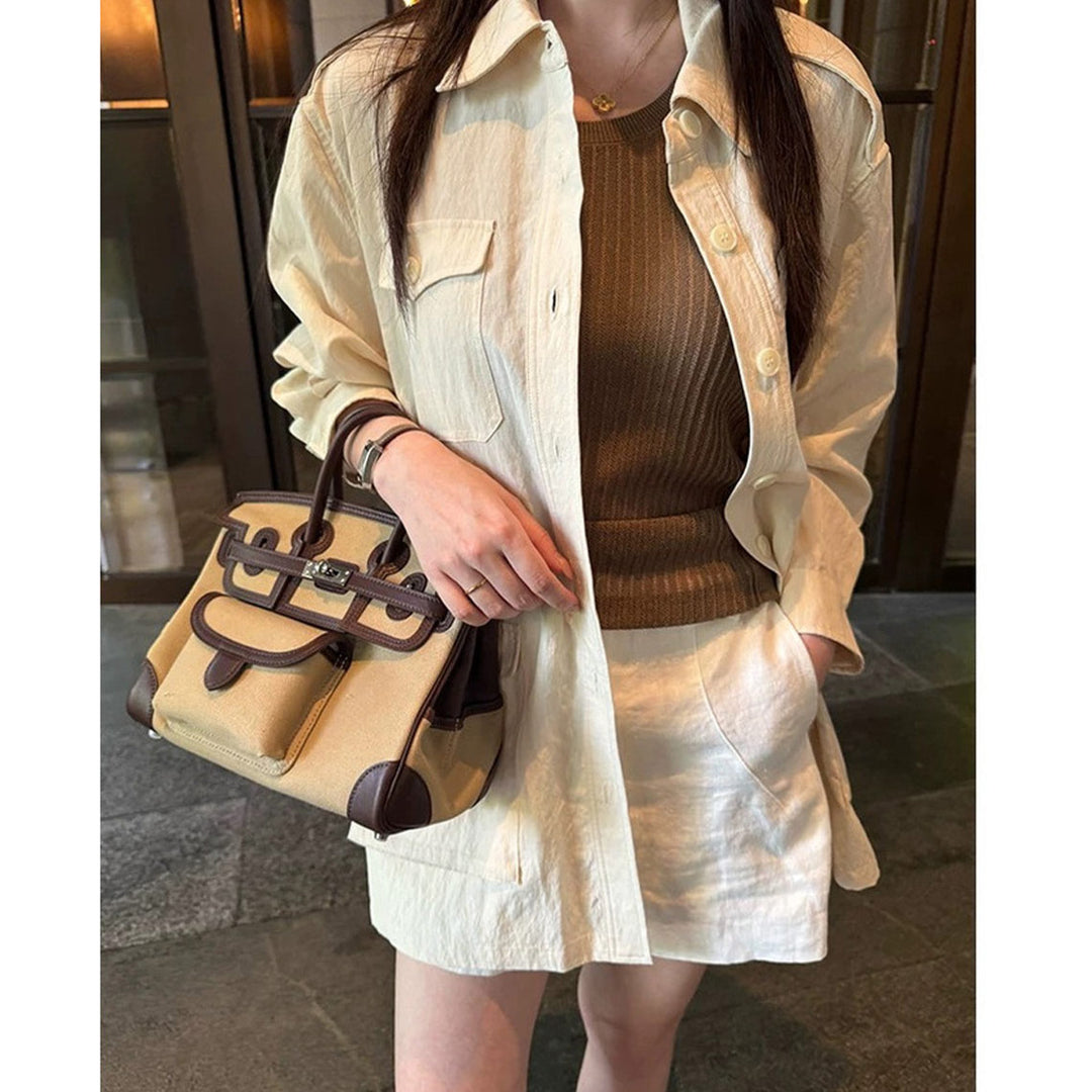 Canvas Leather Inspired Pocket Birk Handbag