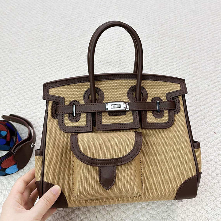 Canvas Leather Inspired Pocket Birk Handbag