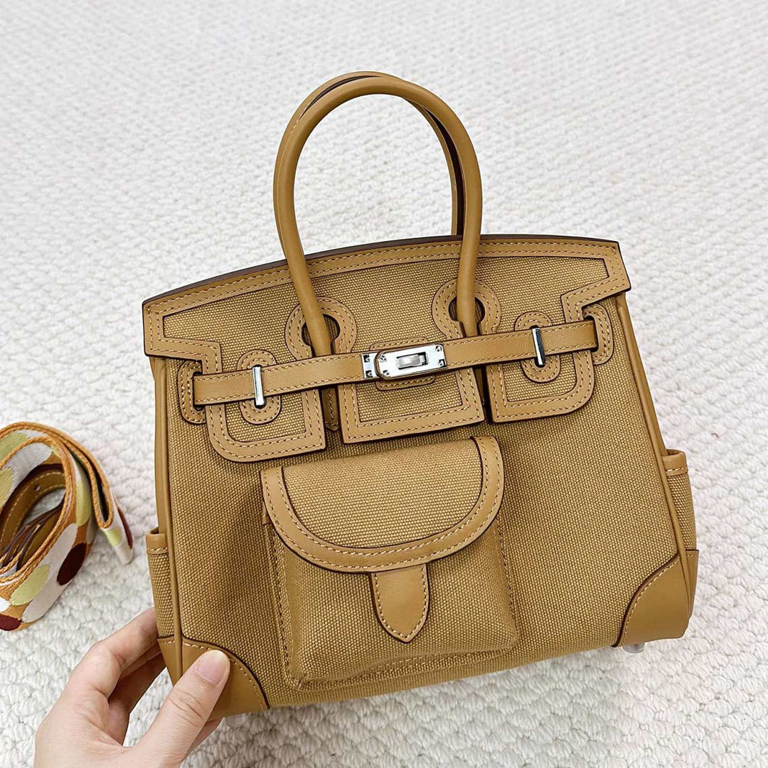 Canvas Leather Inspired Pocket Birk Handbag