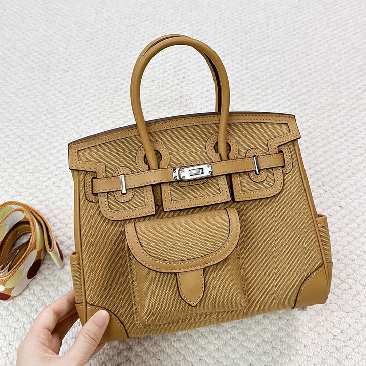 Canvas Leather Inspired Pocket Birk Handbag