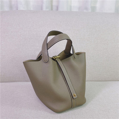 Top Grain Leather Inspired Picotin Lock Bag | Silver/Gold-tone Hardware