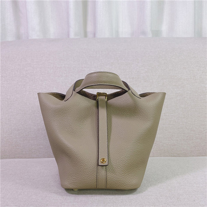 Top Grain Leather Inspired Picotin Lock Bag | Silver/Gold-tone Hardware