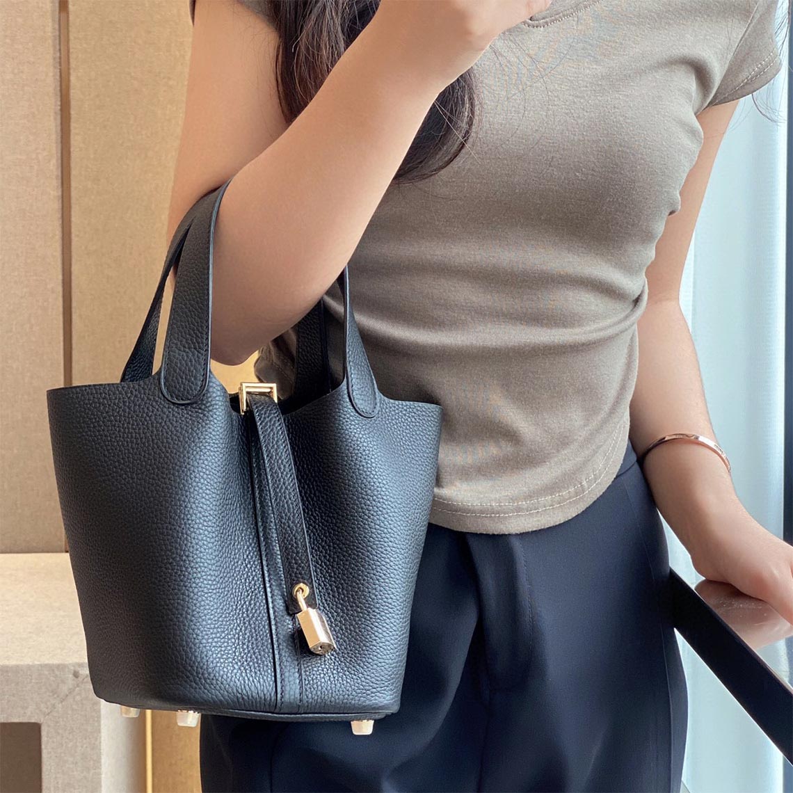 Black Leather Inspired Picotin Handbag | Classic Leather Bags