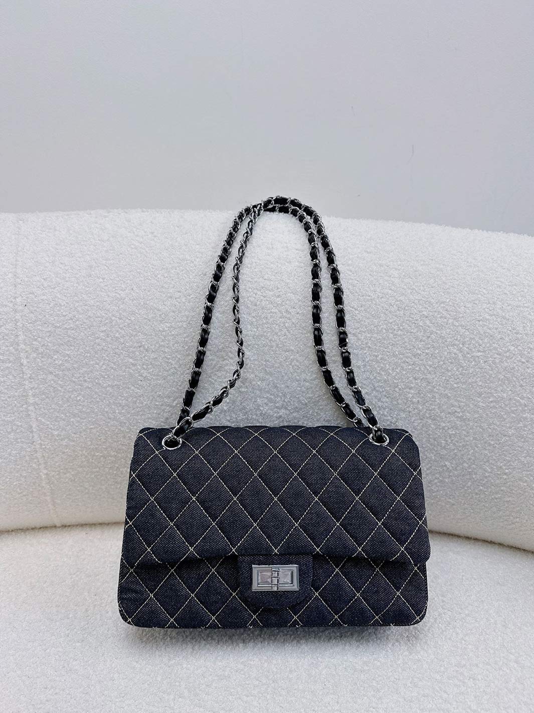 Quilted Denim Fold Chain Bag