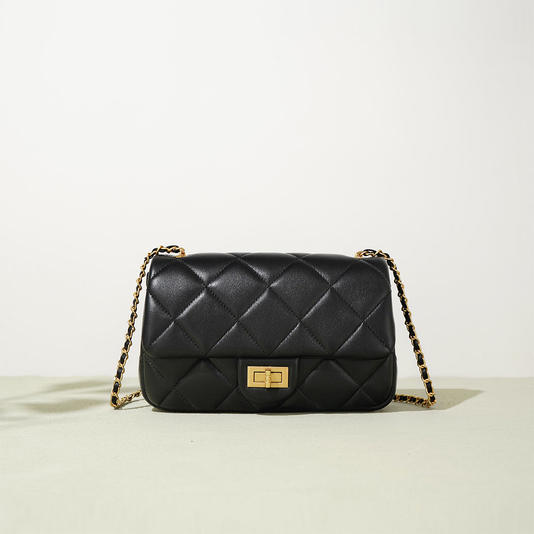 Small Flap Chain Bag | Black Genuine Leather Bag