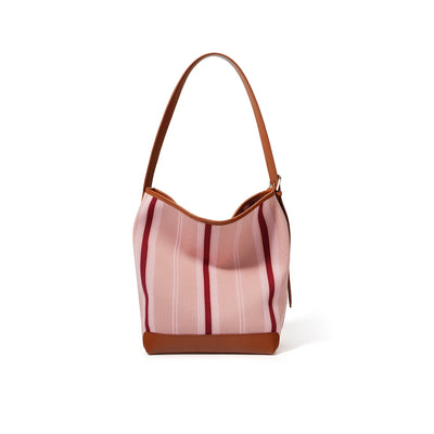 Canvas Leather Striped Bucket Tote Bag