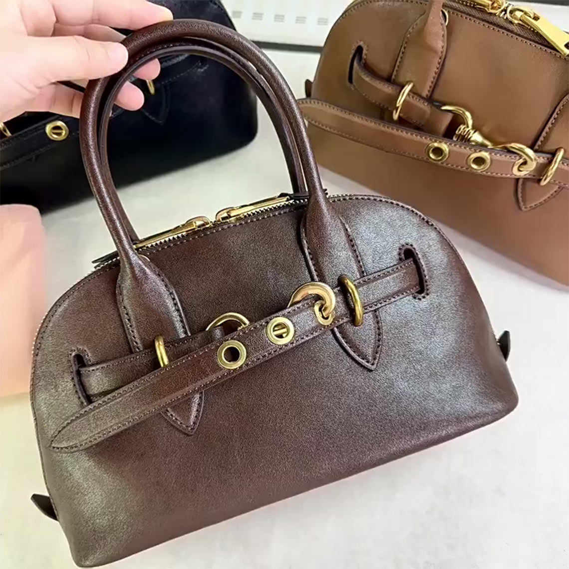 レザー レトロ ボウリング トップハンドルバッグ