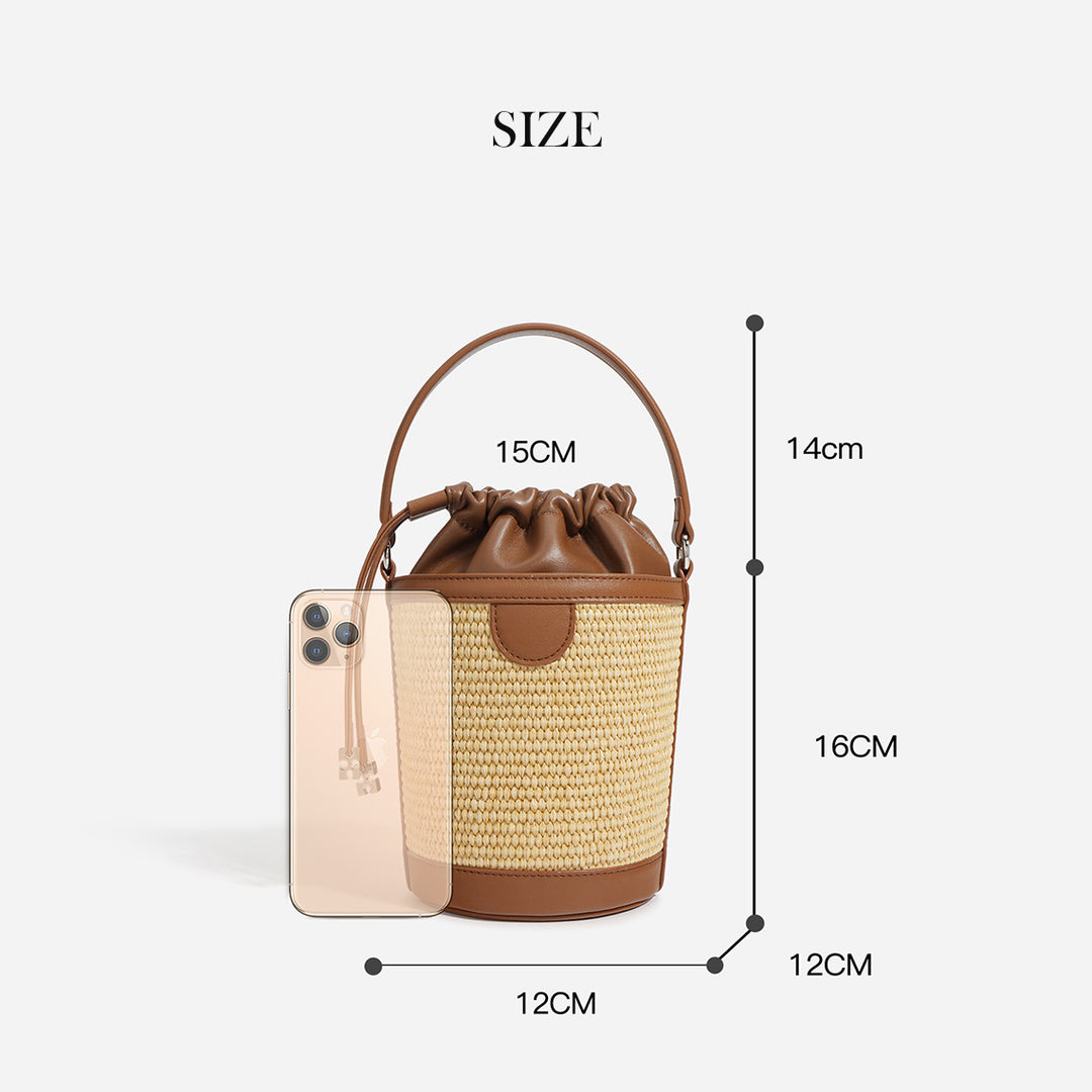 Leather Straw Drawstring Bucket Bag