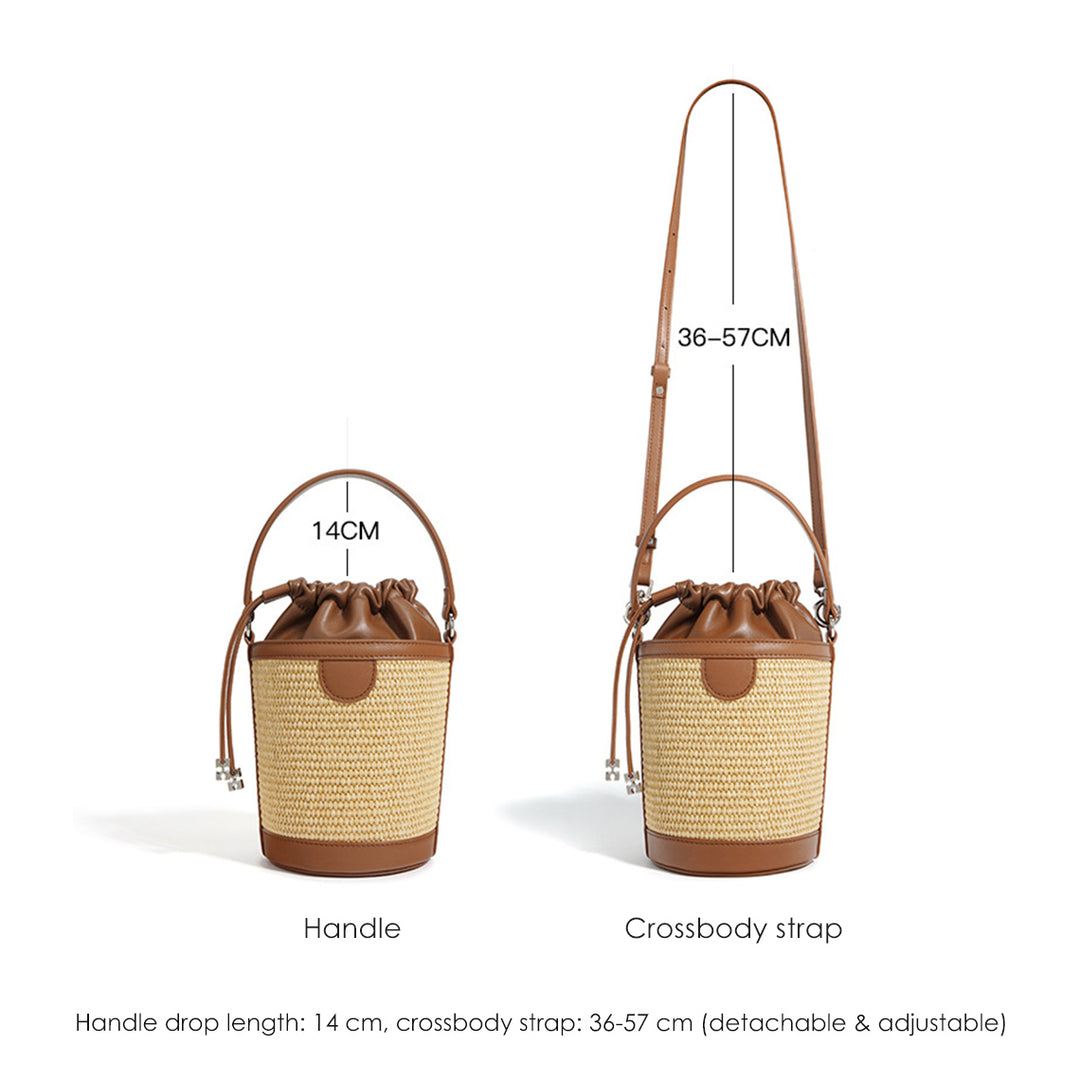 Leather Straw Drawstring Bucket Bag