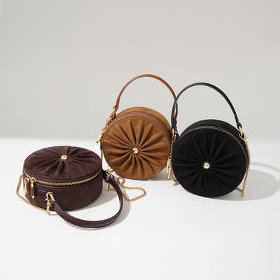 Leather Pleats Small Round Bag