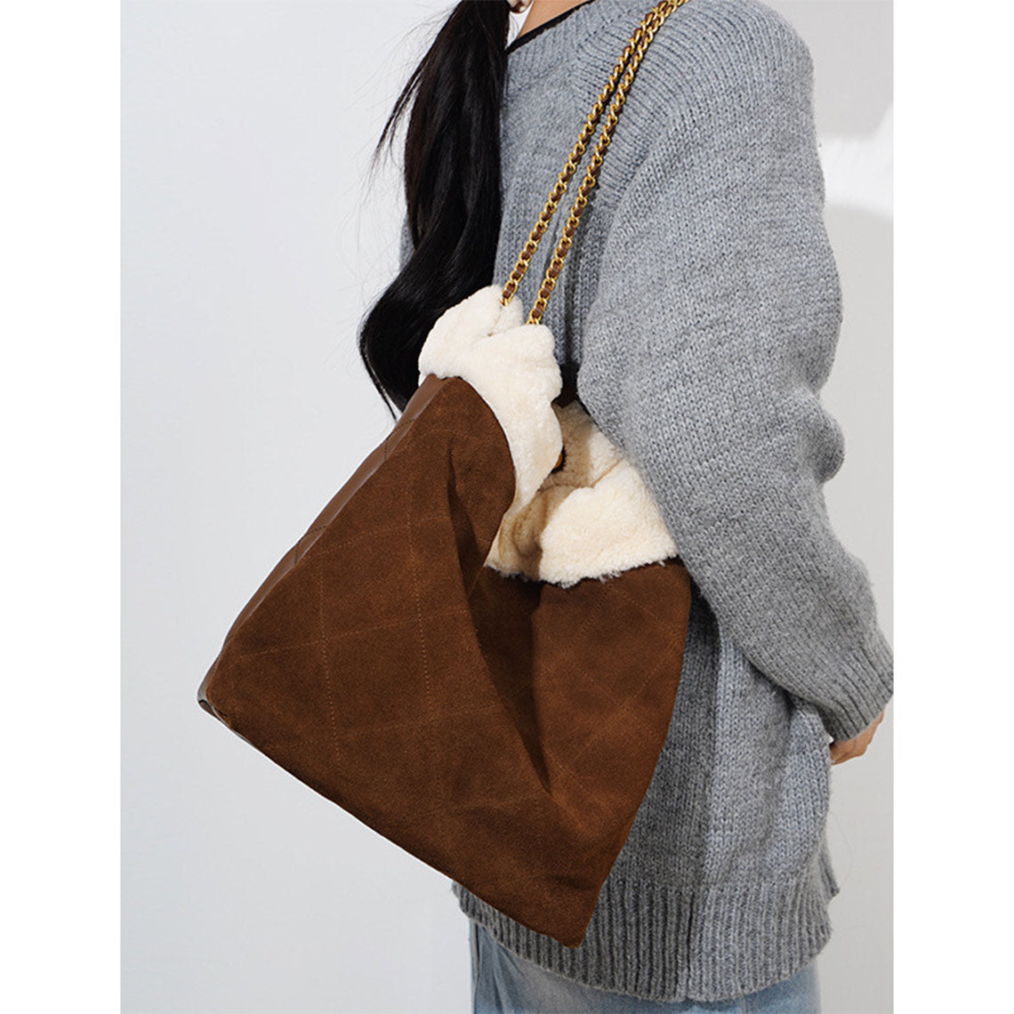 Suede Leather Winter Quilted Chain Totes