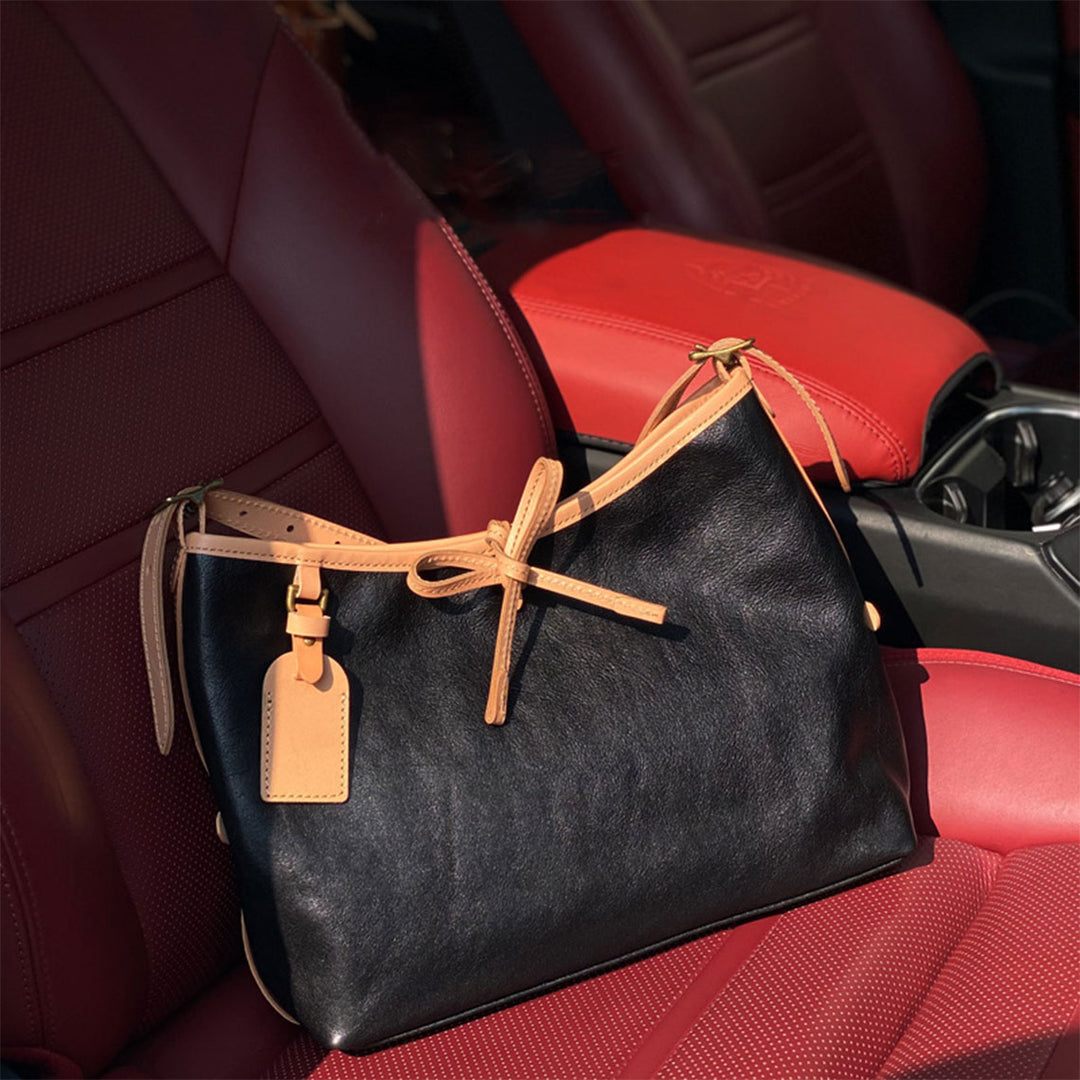 Black Veg Tanned Leather Carryall Crossbody Bag for Women