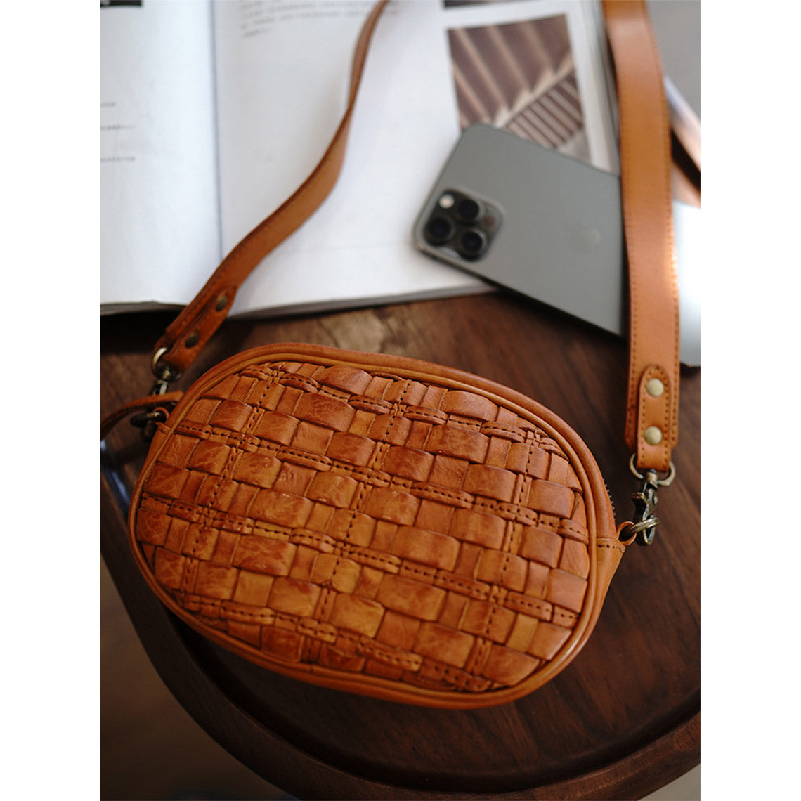 Leather Pouch Bag | Small Round Bag for Travel