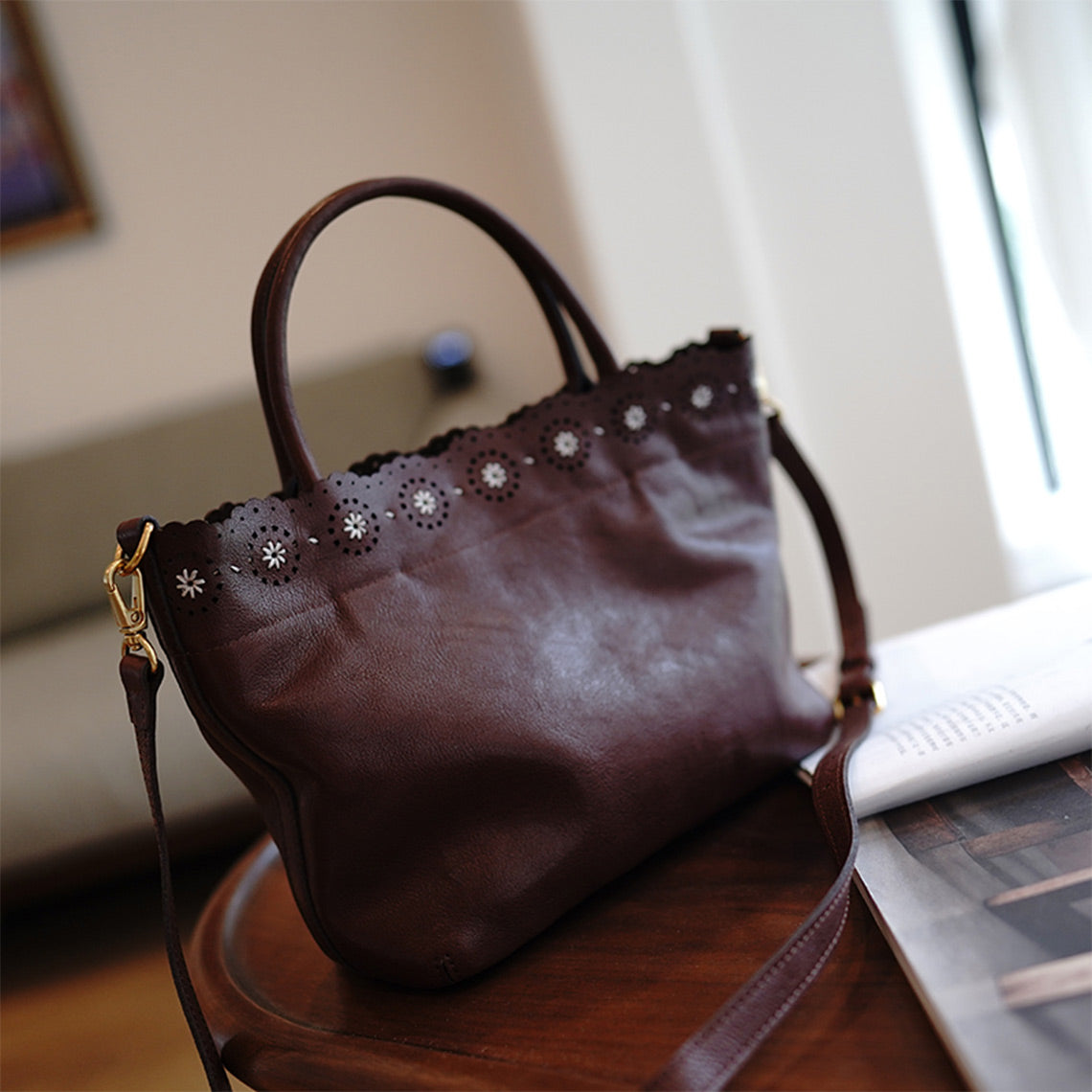 Coffee Brown Leather Top Handle Bag | Real Leather Bag at Affordable Price - POPSEWING®