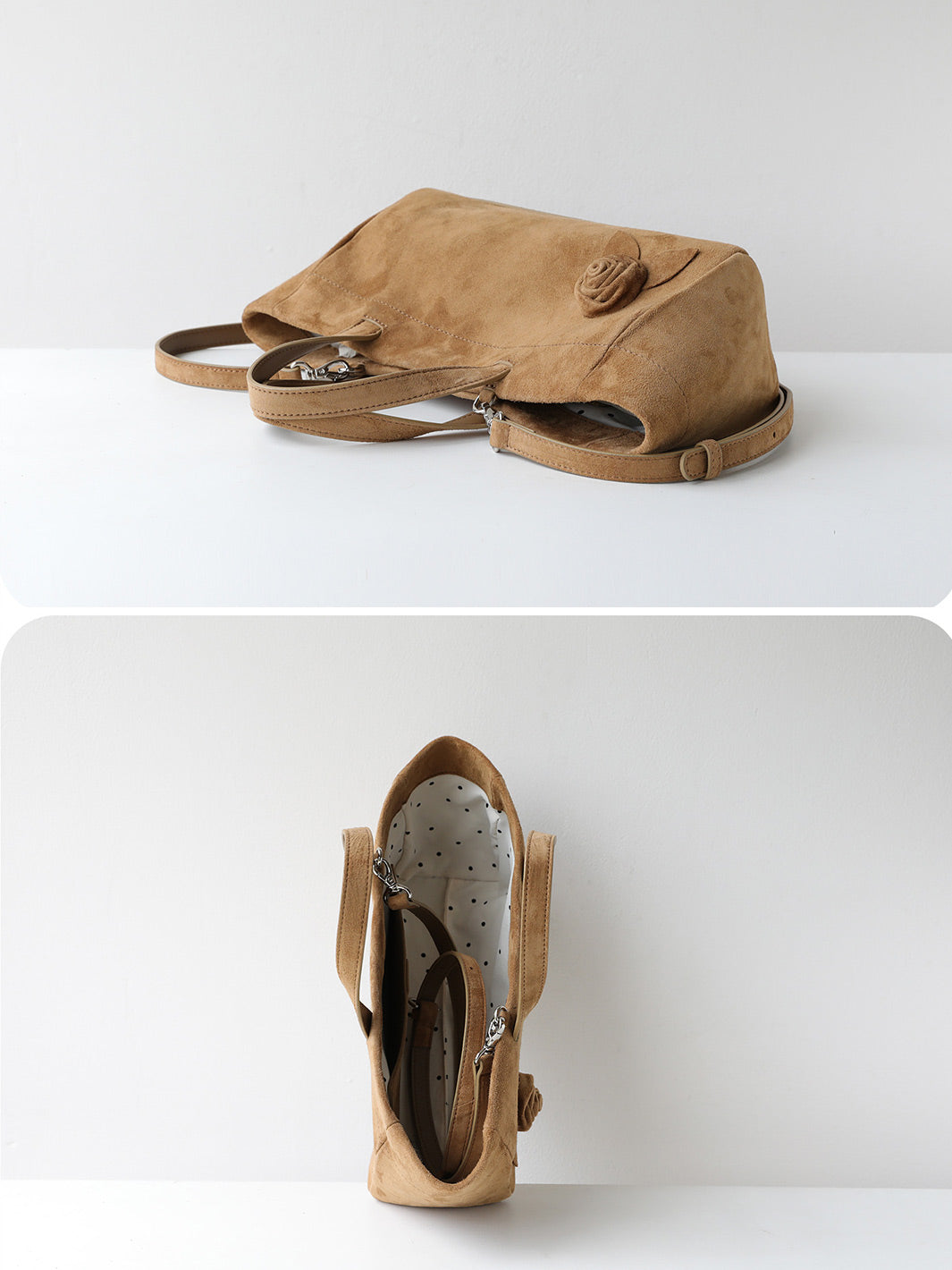 A tan suede shoulder bag shown from two angles: a top view on and a bottom view
