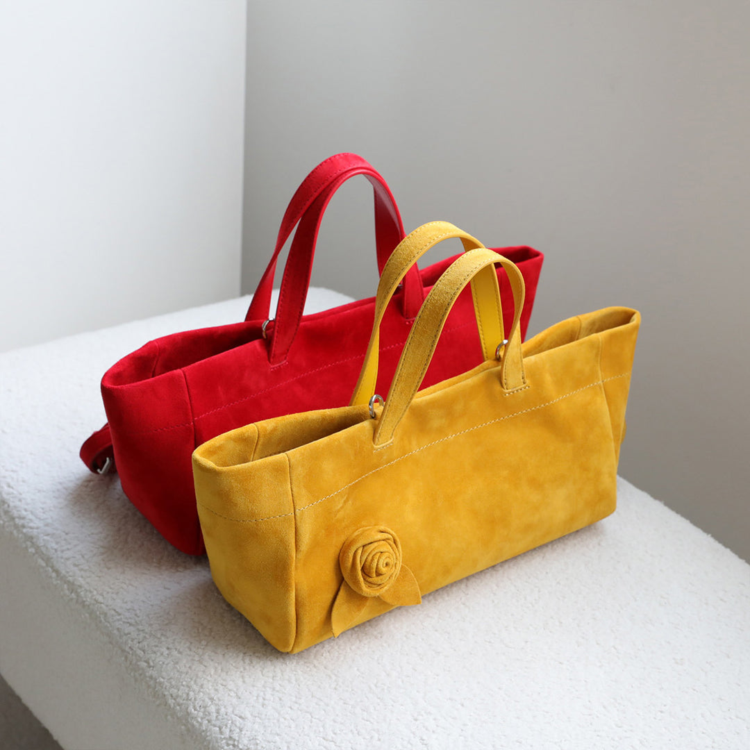 Red and yellow suede small handbag