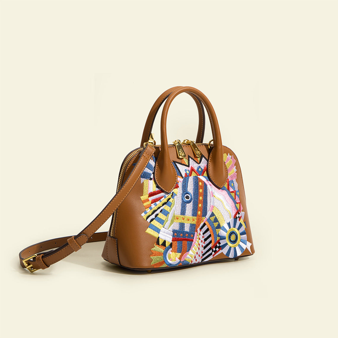 Brown Vegan Leather Embroidery Handbag | Faux Leather Crossbody Bag