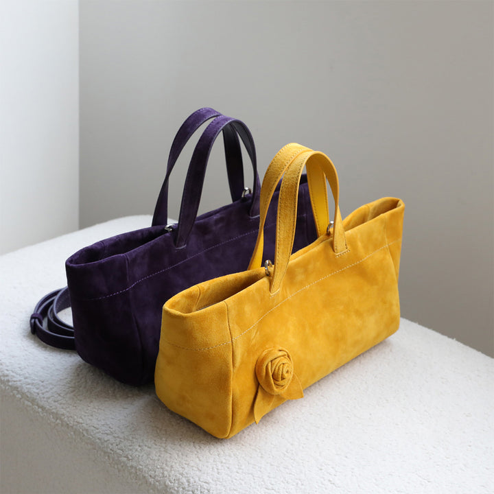 Affordable suede handbags for women | dark purple and yellow