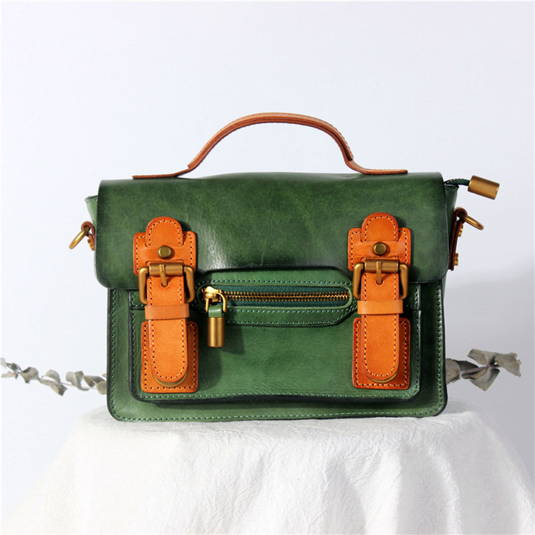 Green leather satchel with brown accents | Retro leather crossbody bag