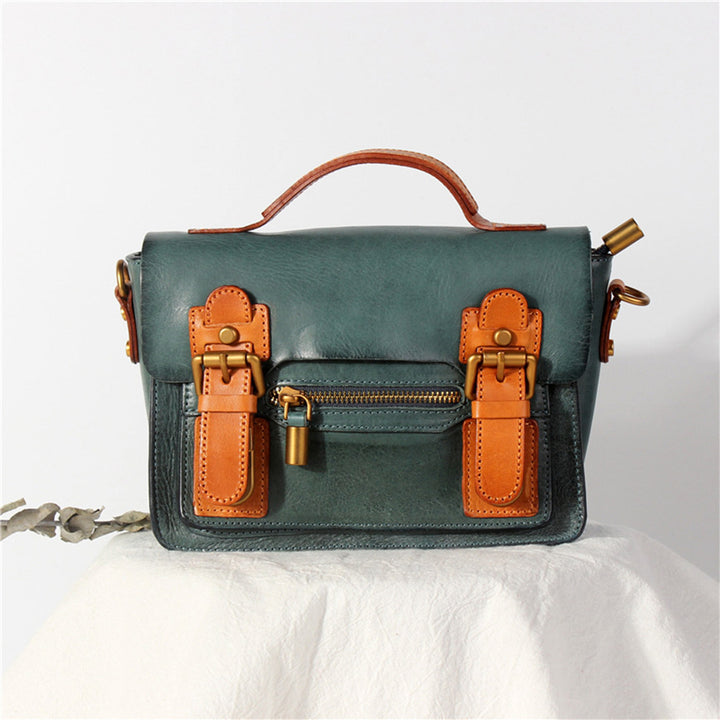 Peacock blue leather satchel with brown accents | Retro leather crossbody bag