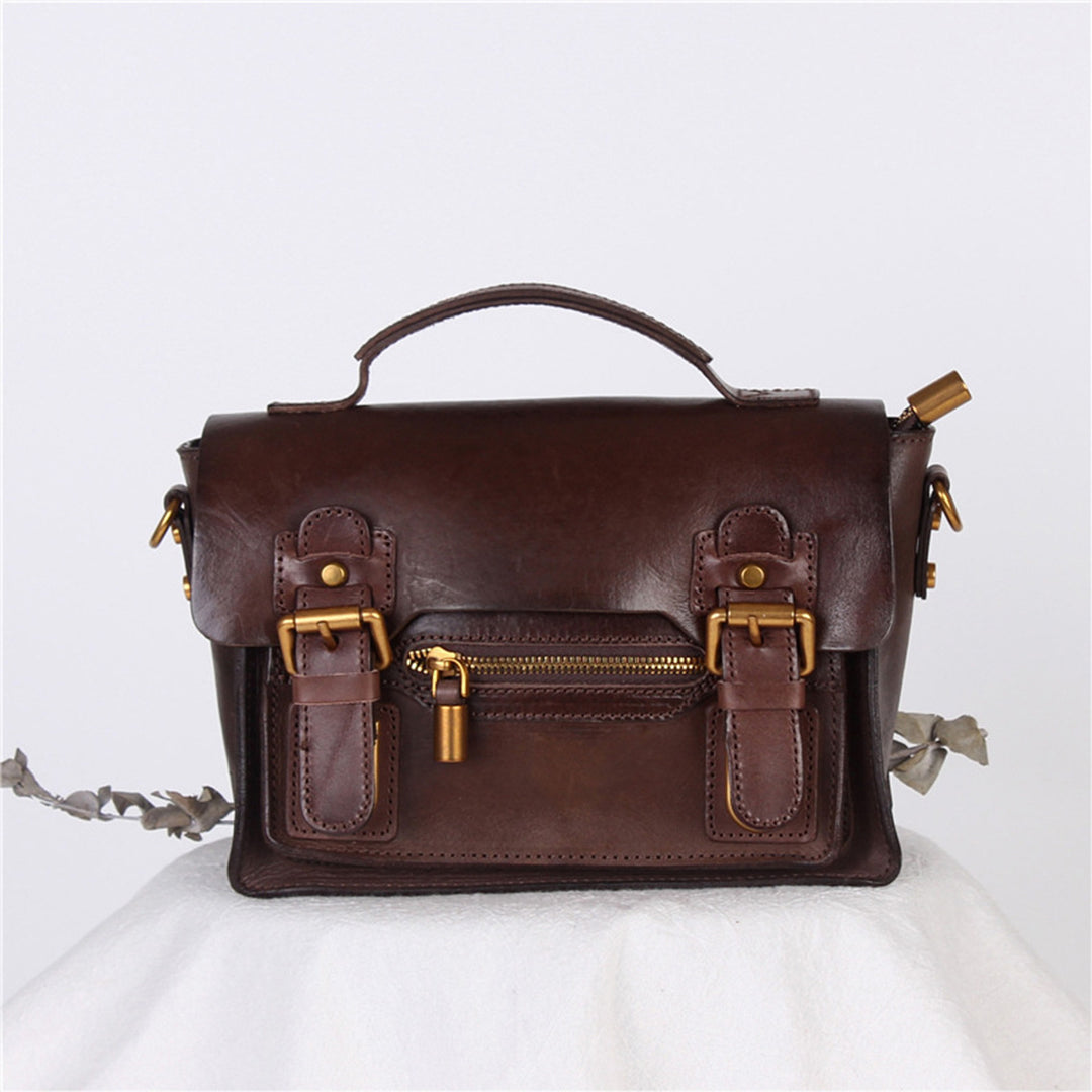 Dark brown leather satchel with gold hardware | Real leather handbag crossbody bag