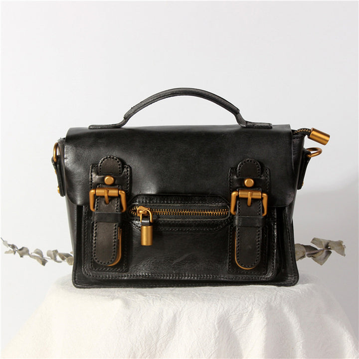 Classic black leather satchel with gold hardware | Real leather handbag crossbody bag