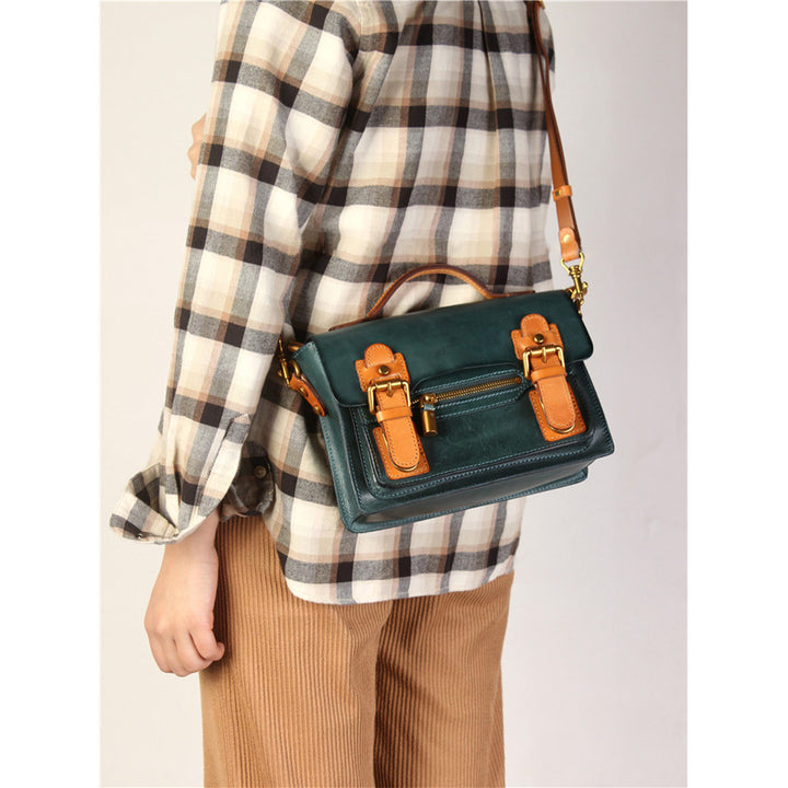 Vegetable Tanned Leather Cambridge Style Satchel Crossbody Bag for Women