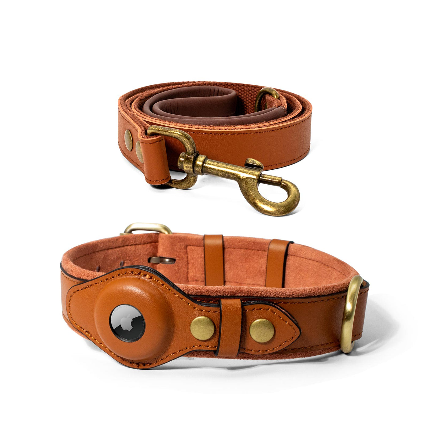 Genuine leather dog collar and leash set 